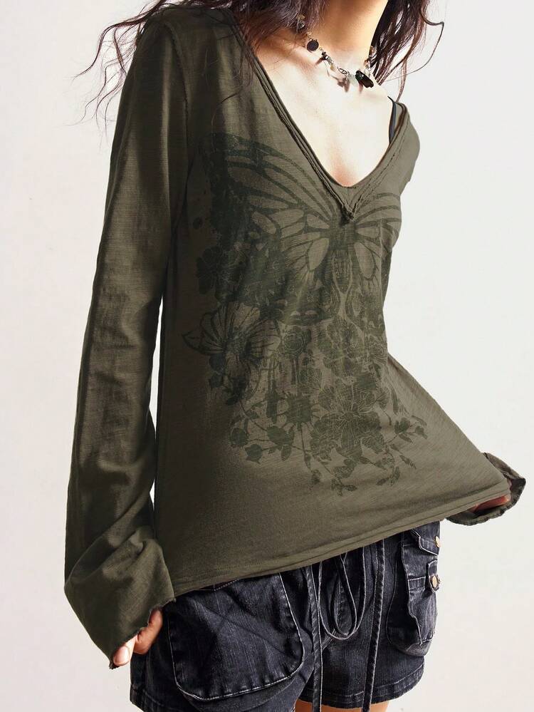 Bohemela 여성 솔리드 컬러 핏 워싱 롱 슬리브 브이넥 니트 티셔츠, 캐주얼 - 아미그린 - 보기 2