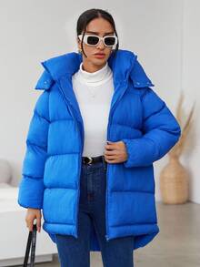 EURMUSE Zip Up Snap Button Hooded Puffer Coat - Blue - View 7