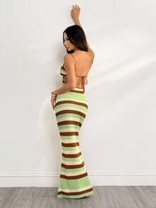 SHEIN PETITE Đầm dệt kim mới dành cho nữ, đầm móc với cổ yếm chéo và lưng hở, đầm kẻ sọc phong cách bohemian, đầm đi nghỉ mát, đầm thanh lịch dành cho nữ mùa thu/đông. - Nhiều màu - Xem 2