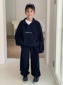 DAZY 青少年男孩半拉链插肩长袖宽松休闲运动衫套装 - 藏蓝色 - 查看 2