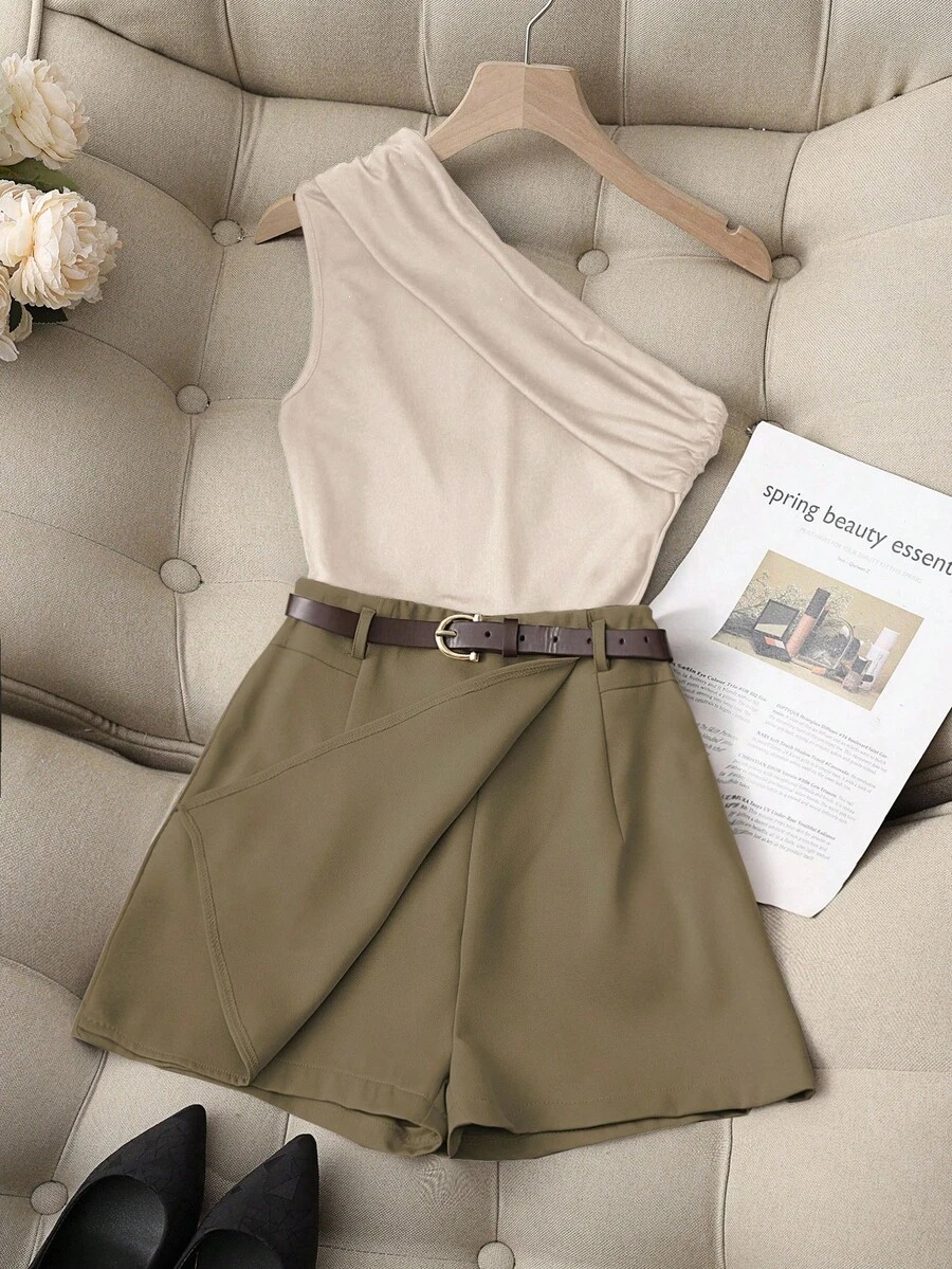 Franclia 休闲时尚百搭通勤高弹力纯黑色单肩百褶上衣配卡其色假口袋裙裤配腰带女士两件套 - 棕色 - 查看 1