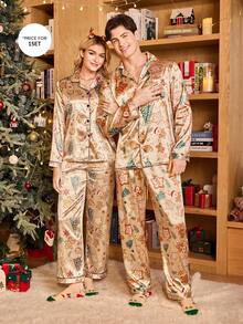 CoupledUp Bộ đồ ngủ dài tay in hình người bánh gừng và cây thông Noel bằng lụa giả cho nam và cặp đôi, quần áo thu đông - Màu be - Xem 4