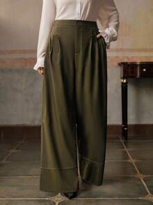 Anewsta 大码女式绿色宽松休闲阔腿裤，秋季 - 綠色 - 查看 4