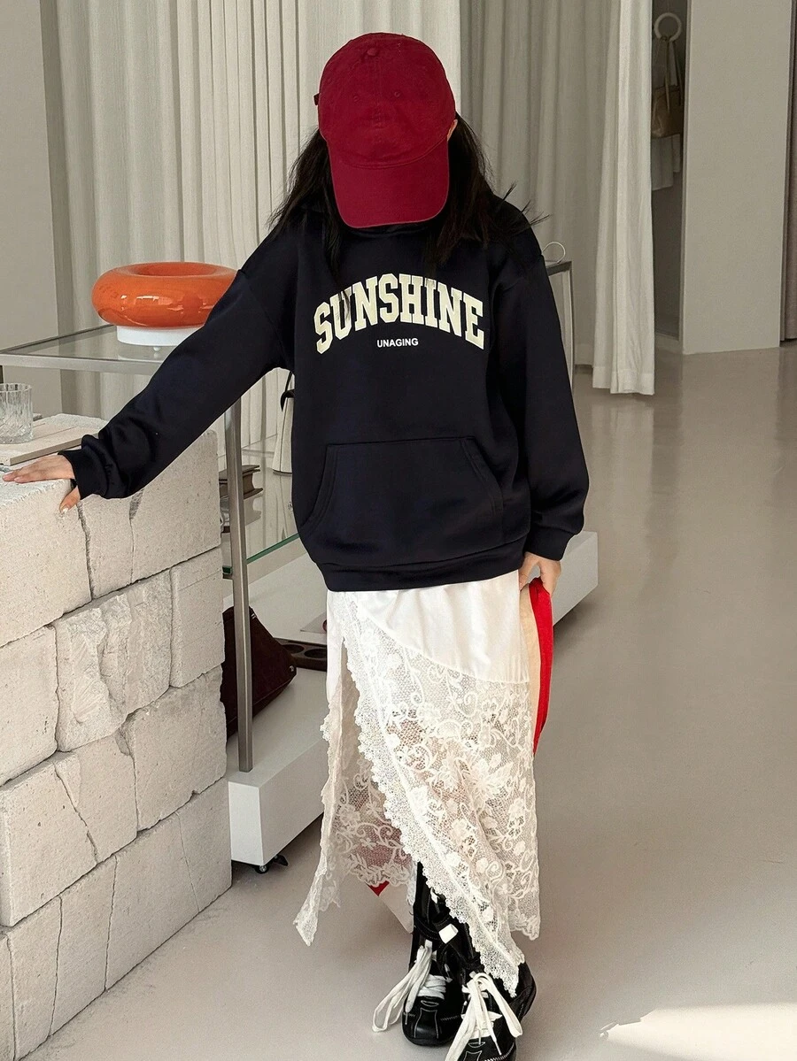 Dazy Kids Tween Girls Hooded Knit Fleece Letter Print Sweatshirt, Autumn,Winter - Navy Blue - View 1