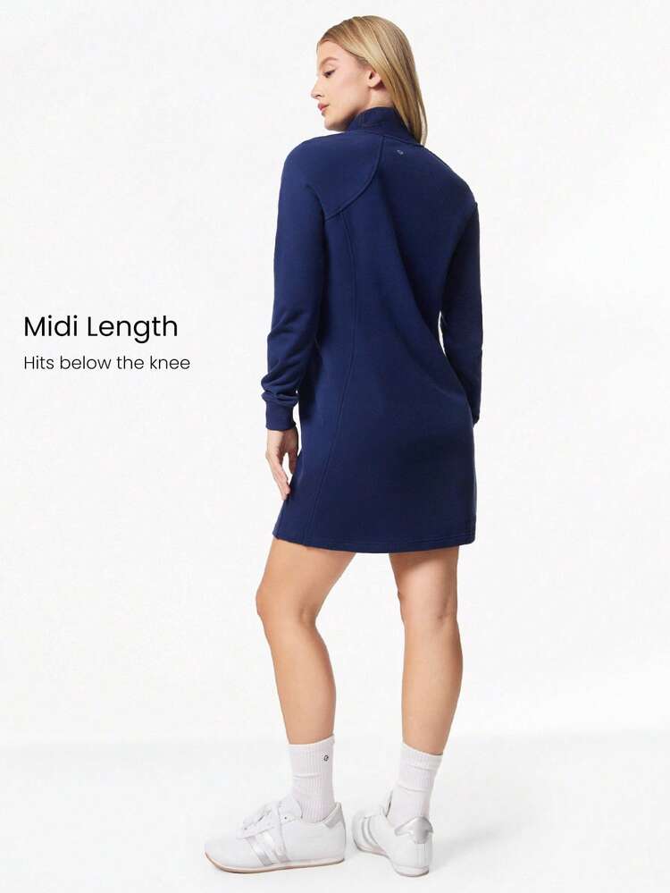 French Terry Midi Dress Side Pockets Zip Casual Daily