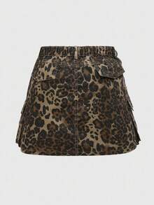 ROMWE Kawaii Minifalda de mezclilla de talle bajo con estampado de leopardo vintage del milenio Y2K de talla grande