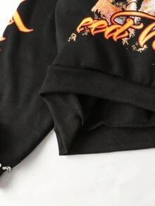 ROMWE MEN Street Life Men's Glitter Diamond Angel Letter Print Hoodie, Vintage Street Style, Fall - Black - View 5