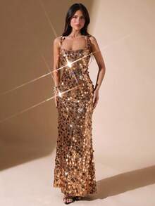 SHEIN BAE 秋冬纯酒红色亮片细肩带修身优雅露背连衣裙，适合派对、活动、节日、正式场合、鸡尾酒会 - 酒紅色 - 查看 4