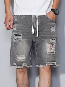 Manfinity Homme 男士灰色破洞牛仔百慕大短裤，哥特朋克风格，破洞牛仔短裤，男士，emo 风格 - 灰色 - 查看 3
