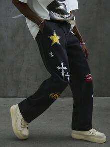 Manfinity ZONE917 Men's Casual Loose Fit Colorful Graphic Print Black Straight Leg Jeans,Streetwear Summer City Break Y2K Vintage Washed Star Wide Leg Distressed Jeans - Black - View 1