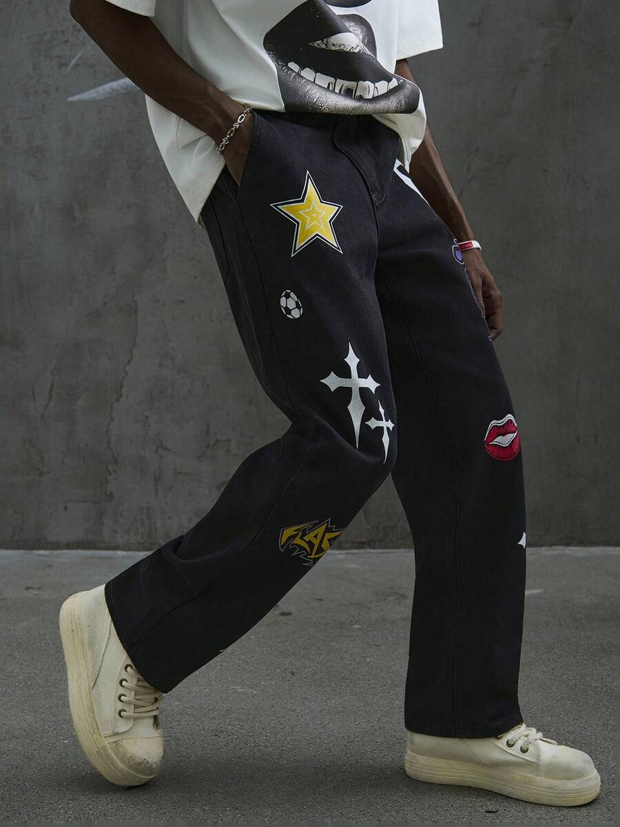 Manfinity ZONE917 Men's Casual Loose Fit Colorful Graphic Print Black Straight Leg Jeans,Streetwear Summer City Break Y2K Vintage Washed Star Wide Leg Distressed Jeans - Black - View 1