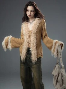 Bloopia 复古性感波西米亚风女秋冬万圣节毛绒领喇叭袖针织开衫 - 卡其色 - 查看 5