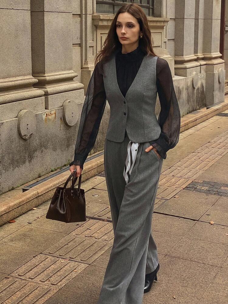 2pcs Women Herringbone Woolen V-Neck Sleeveless Vest Jacket And Wide Leg Pants Casual Suit Set, Autumn/Winter