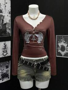 EgrlEra Women's V-Neck Punk Wing Print Long Sleeve Fitted T-Shirt - Coffee Brown - View 1