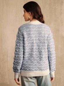 Anewsta 女士浅蓝色纹理毛衣，冬季时尚设计 - 淺藍色 - 查看 2