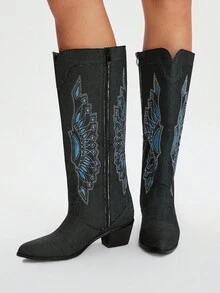 Styleloop Botas de tacón grueso con punta puntiaguda, con cremallera, decoradas con bordados y tachuelas, adecuadas para festivales, exteriores, festivales de música, Halloween, Navidad y fiestas