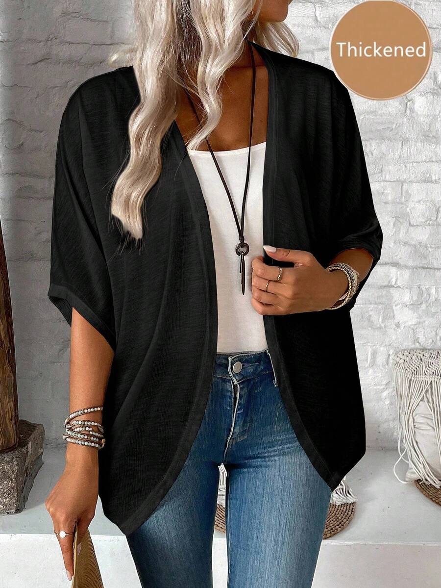 EMERY ROSE 女士休闲纯色百搭轻便开衫，适合秋夏季 - 黑色 - 查看 1