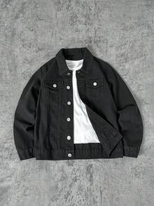 SHEIN 青少年男孩时尚休闲 Y2K 复古酷炫街头返校学院风黑色牛仔街头哥特式肖像图案设计翻领长袖牛仔夹克，适合日常穿着，也适合秋冬季节的锐舞音乐节和街头服饰。 - 黑色 - 查看 2