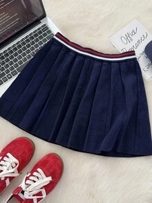 Muvela Chân váy len xếp ly lưng thun co giãn thời trang thu/đông cho nữ, phong cách retro, đồ dùng đa năng, chân váy thiết yếu cho mùa thu, phong cách cổ điển - Màu xanh hải quân - Xem 3