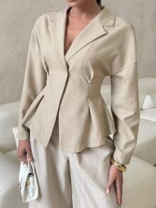 Lavishia Women's Solid Color Lapel Collar Drop Shoulder Long Sleeve Pleated Elegant Blouse In Fall/Winter - Apricot - View 5