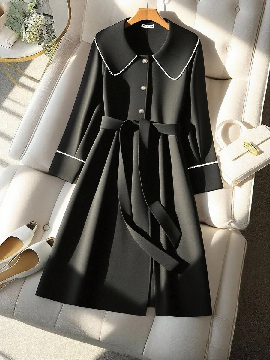 Regalyn Modischer große Größen Damen Mantel mit Stehkragen, Perlenverzierung, taillierter Taille aus Wollmischung, geeignet für Herbst/Winter