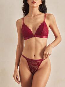 Charlaine Women's Elegant Sexy Solid Color Lace Lingerie Set Red Bra And Panty Set Burgundy Lingerie Set - Burgundy - View 5