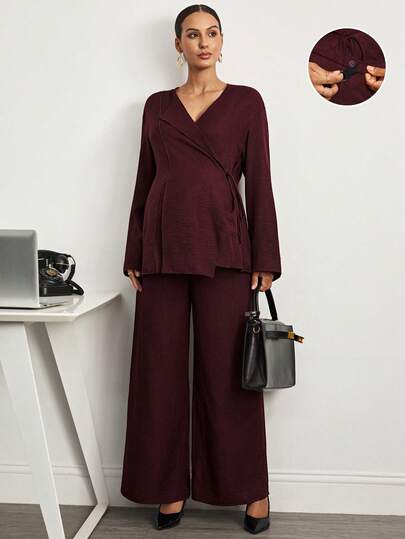 MaterniWear 办公室,商务休闲女装,秋装,孕妇装秋装孕妇装纯色系带上衣和裤子套装孕妇装两件套孕妇装秋冬套装女式阔腿裤套装女式裤子套装孕妇装孕妇裤套装