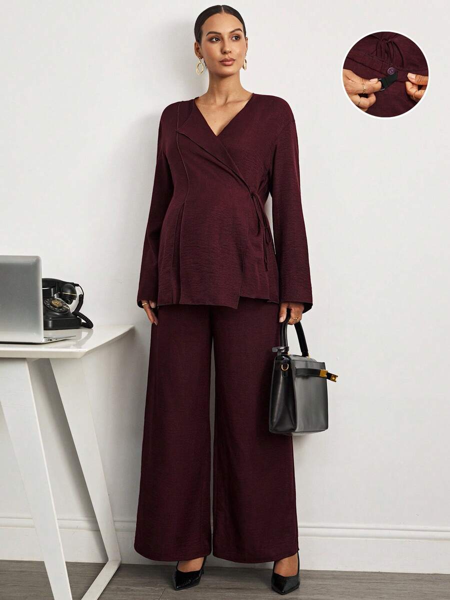 MaterniWear 办公室,商务休闲女装,秋装,孕妇装秋装孕妇装纯色系带上衣和裤子套装孕妇装两件套孕妇装秋冬套装女式阔腿裤套装女式裤子套装孕妇装孕妇裤套装 - 酒紅色 - 查看 1