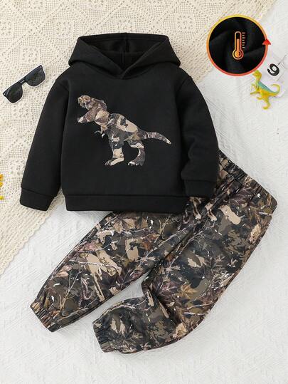 SHEIN 2 piezas Conjunto informal de niño con sudadera con capucha y pantalones con cordón de camuflaje, adecuado para la escuela, el jardín, la playa, el cumpleaños, otoño/invierno, forro polar, grueso, conjunto de invierno, ropa de invierno, atuendos de otoño, ropa de otoño, toda la ropa para niños