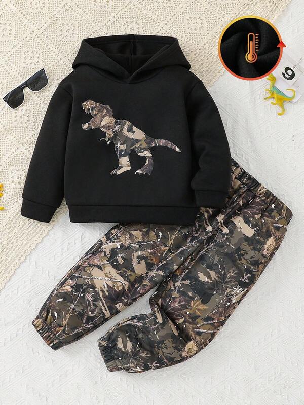 SHEIN 2pcs Kids Boy Casual Street Camo Hooded Sweatshirt And Drawstring Camo Pants Knit Set, Suitable For School, Garden, Beach, Birthday, Autumn/Winter, Fleece, Thickened,Winter Set,Winter Clothing,Fall Outfits,Fall Clothing,All Clothes For Kids