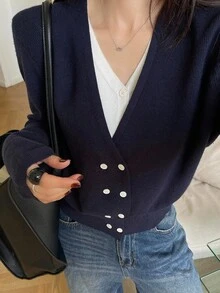 DAZY Cárdigan de mujer con cuello en V, 2 en 1, de color contrastante, con parches, de manga larga y manga corta ajustada - Azul Marino - Ver 4