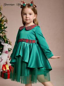 Glamorique Kids Neues Weihnachtskleid für Kleine Mädchen, Karomuster Peter-Pan-Kragen Design, Taillenmuster Design, Rückentaille Karoschleife Design, Kontrastfarbeffekt & eleganter Stil, geeignet für Weihnachtspartys, Alltagstragen, Herbst/Winter - Armeegrün - Übersicht 3