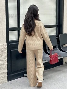 DAZY 青少年女孩纯色长袖上衣和裤子毛衣套装 - 米色 - 查看 6