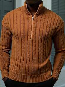 NEOSTRIT Sweater Kasual Rajut Kabel Ukuran Besar Pria, Model Seperempat Resleting, Musim Gugur/Musim Dingin, Lengan Panjang - Coklat - View 6
