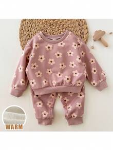 Loomiva 2pcs Baby Girl Floral Print Knit Soft Crew Neck Long Sleeve Sweatshirt And Elastic Waist Pants Set Flower Two Piece Set Toddler Baby Flower Outfit Fall Winter - Pink - View 5