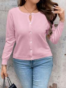 EMERY ROSE Áo khoác cardigan màu trơn đa năng thường ngày cỡ lớn - Hồng - Xem 3