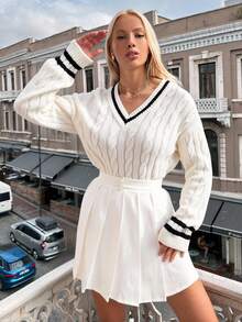 Cloudara Suéter De Talla Grande Con Diseño De Rayas, Cuello En V Y Mangas Largas - Blanco - Ver 5