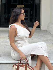 NegzBox فستان طويل أنيق بتصميم أسيمتري عند الياقة والتجعيد - لون مشمشي - مشاهدة 6