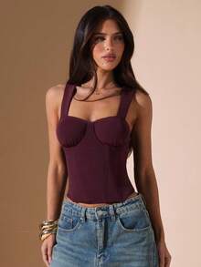 SHEIN BAE Áo dệt kim lưới đơn giản màu đỏ rượu vang dành cho nữ mùa thu, quần áo mùa đông cho nữ, trang phục Halloween cho nữ, quần áo Giáng sinh cho nữ, áo gợi cảm, áo corset đỏ, áo corset màu đỏ rượu vang. - màu nâu - Xem 6