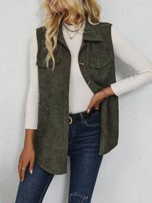 Selianne Flap Detail Button Front Corduroy Vest Coat - Army Green - View 3