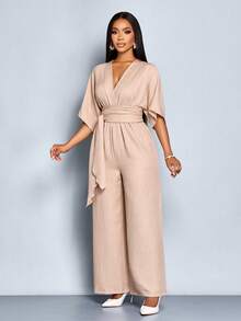 SOLERSUN Early Fall Women's Wear Elegant Commuter Daily Leisure Apricot Color Yarn-Dyed Woven Fabric Cross-Wrap V-Neck Back Slit Button Removable Belt Tie Knot Batwing Sleeves Three-Quarter Sleeves Gathered At Waist Jumpsuit Trousers - Khaki - View 6