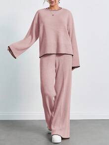 SHEIN Tall 落肩毛衣與針織長褲，適合秋冬季節，高個女性穿著 - 藕粉色 - 查看 4