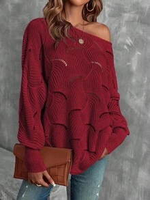 EMERY ROSE Women's Casual Solid Color Round Neck Drop Shoulder Sweater, Autumn/Winter - Burgundy - View 5