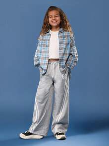 SUMWON Cotton Oversized Plaid Button Down Shirt With Long Sleeves And Chest Print For Casual School Days - Blue - View 5