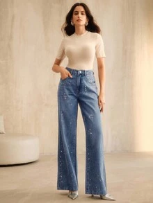 Anewsta Fashionable Rhinestone Embellished Straight Leg Blue Jeans For Women - Blue - View 6