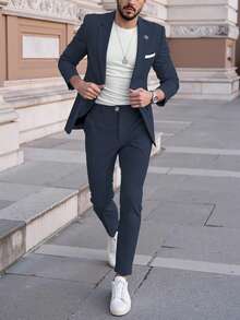 Calvornis 男士休闲商务两件套西装，纯色西装套装夹克和裤子，简约时尚休闲日常穿着婚礼西装舞会西装男士，适合情人节周年纪念日等场合，是送给男朋友或丈夫的绝佳礼物。 - 藏蓝色 - 查看 3