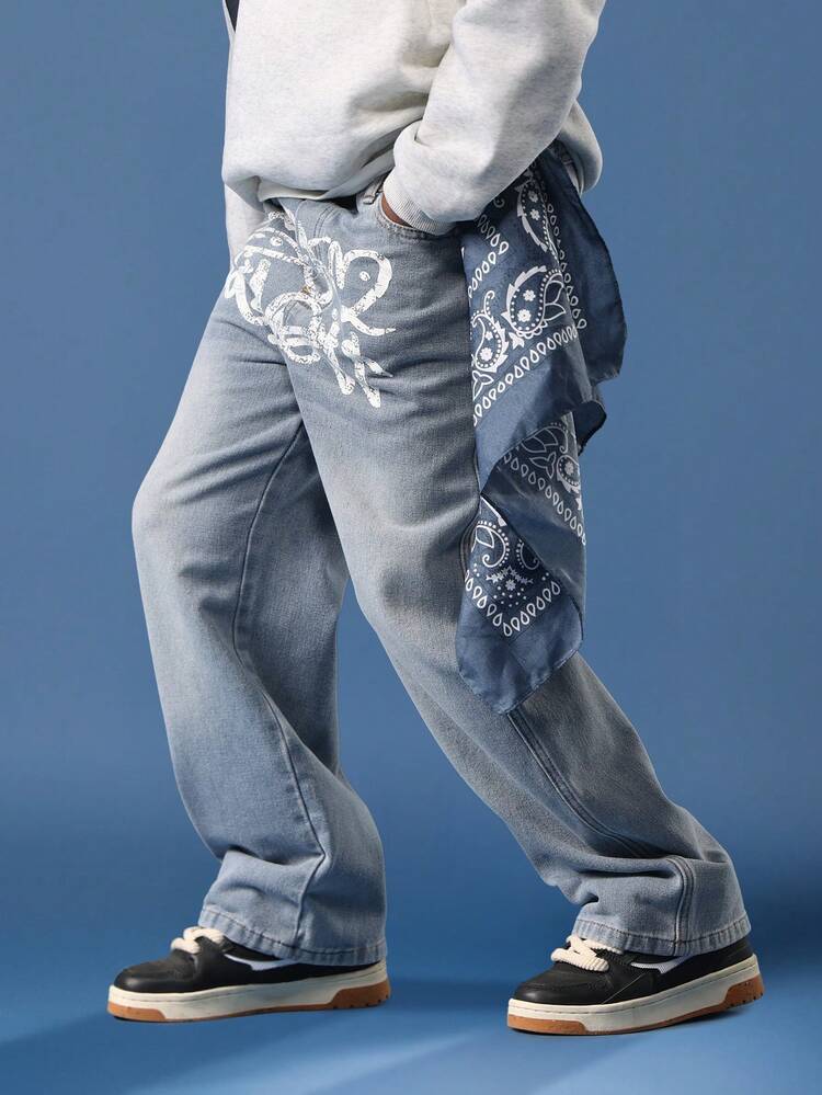 Wide Leg Denim Jeans With Graffiti Print And Bandana
