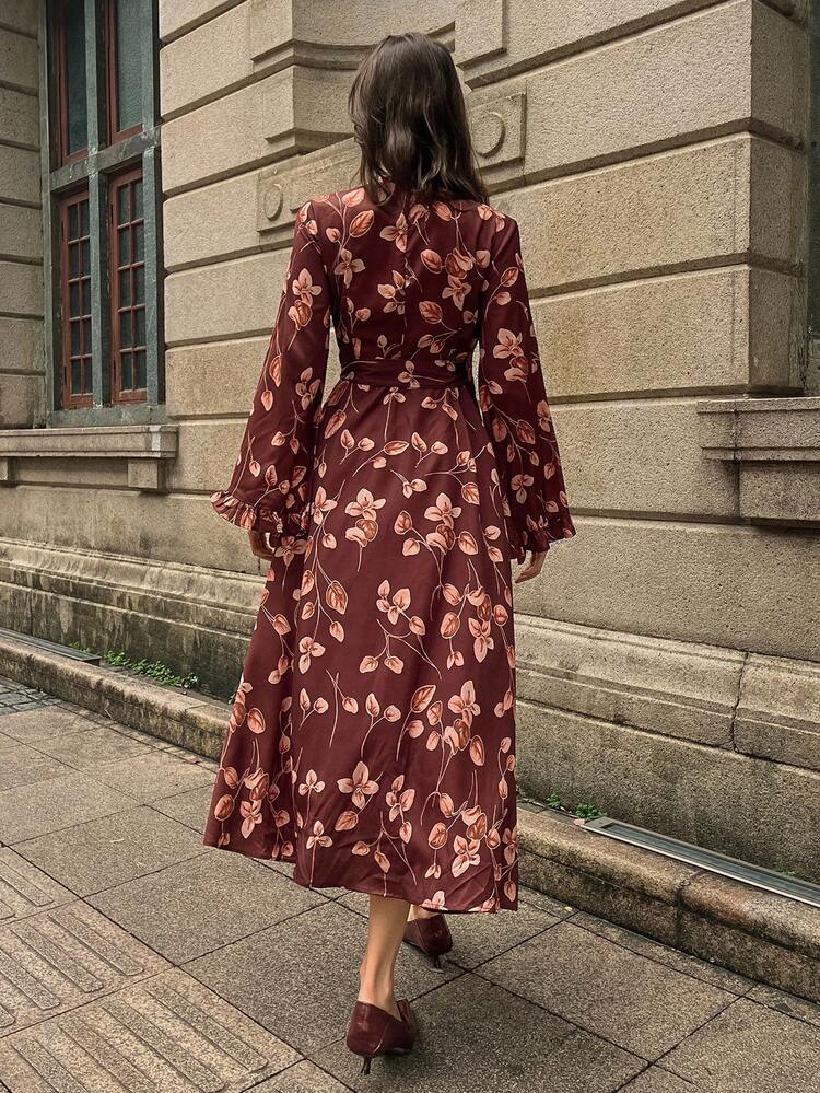 Ditsy Floral Asymmetric Collar Flare Sleeve Casual Elegant Dress For Women, Autumn/Winter Vacation Maxi Dress Boho