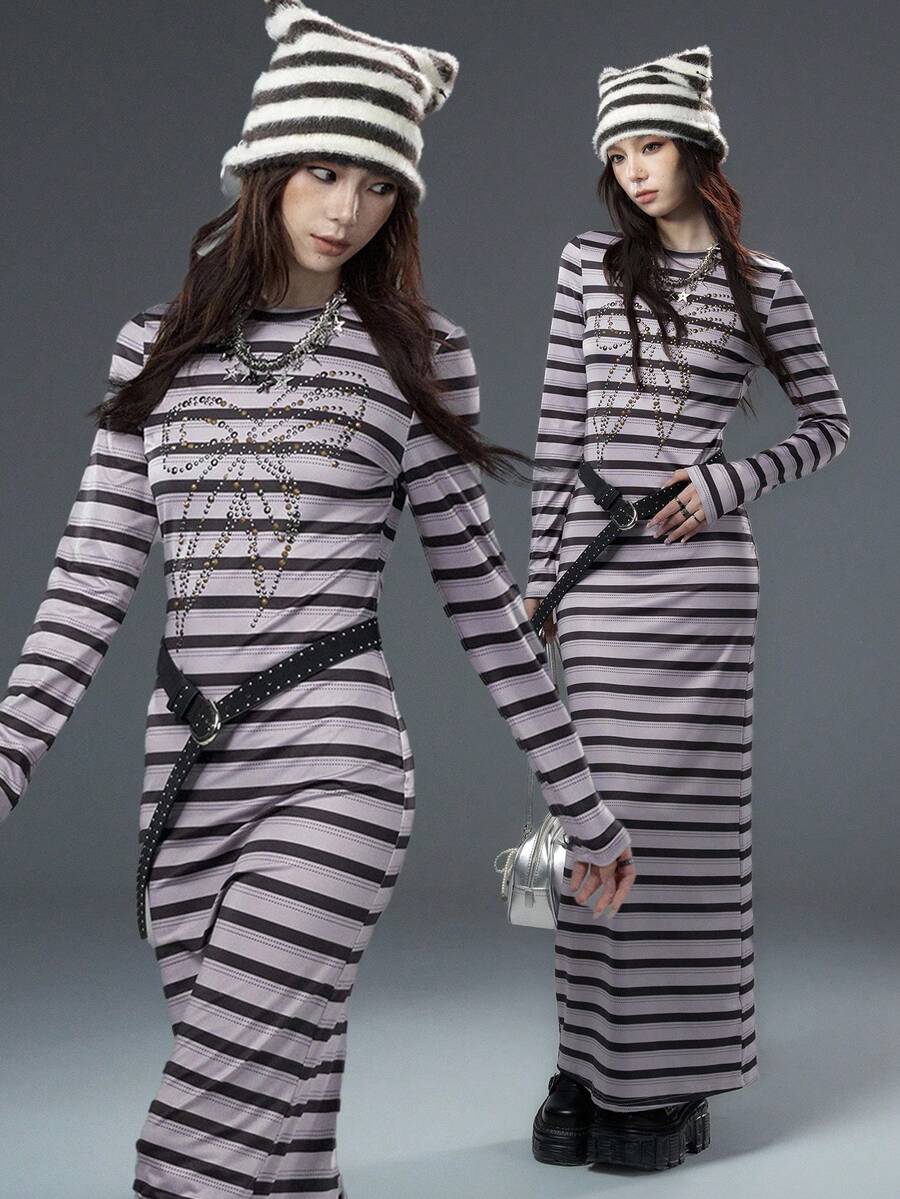 Bloopia Punk Apocalypse Chic Women's Autumn/Winter Halloween Fashion Personalized Contrast Stripe Digital Print Bow Rivet Rhinestone Fitted Long Sleeve Off Shoulder Pullover Maxi Dress - Multicolor - View 1
