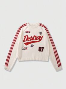 ROMWE MEN Prep 男士刺绣宽松短款针织衫，秋冬款，长袖上衣 - 米色 - 查看 8